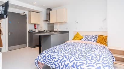 Studio room in Purdown View with double bed and kitchenette.