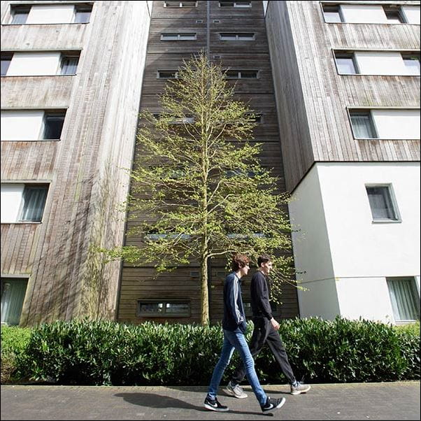 Two students walking past student accommodation