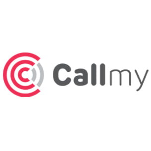 Logo for the CallMy app, featuring a red circle and words Callmy in grey.