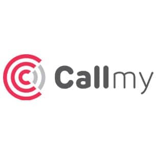 Logo for the CallMy app, featuring a red circle and words Callmy in grey.