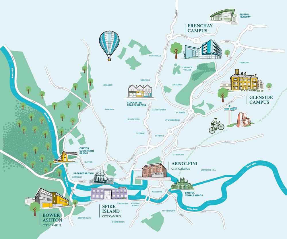 An illustrated map showing all UWE Bristol campuses and their locations.