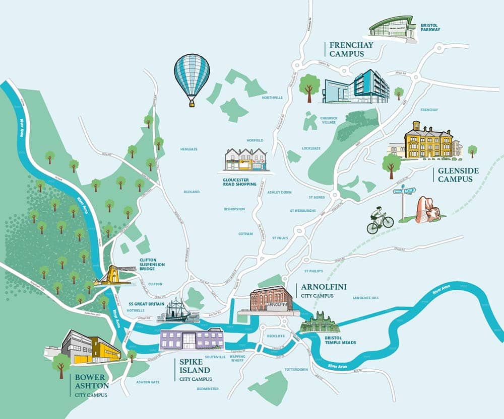 An illustrated map showing all UWE Bristol campuses and their locations.