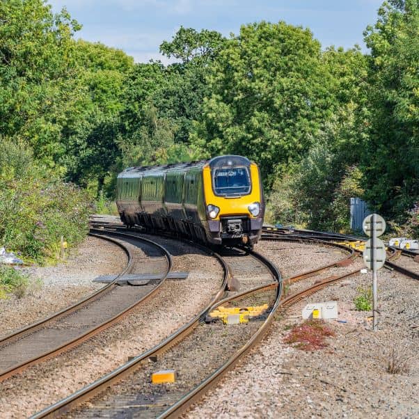 A four carriage train travelling through countryside with tall green trees