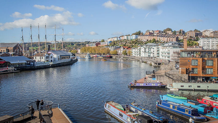 An overhead view looking down onto Bristol's waterfront with the S.S Great Britain in the background.