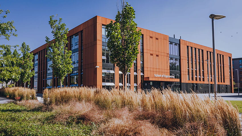 The Engineering Building in the sunshine with a flowerbed of tall grasses and flowers in front.