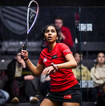 UWE Bristol Performance Sport elite squash athlete looking up to an incoming ball. 