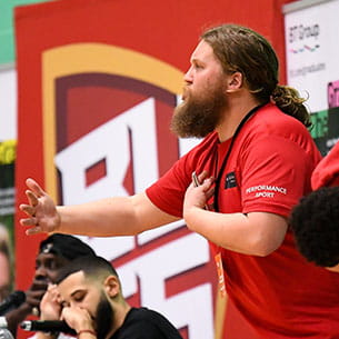 Performance Sport UWE Jets basketball coach George Varney calling instructions to the team from court side.
