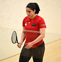 UWE Bristol Performance Sport Elite Squash athlete Alya on court looking focused.