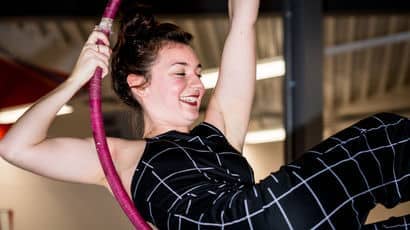 Student trying aerial hoop at the UWE Bristol Centre for Sport.