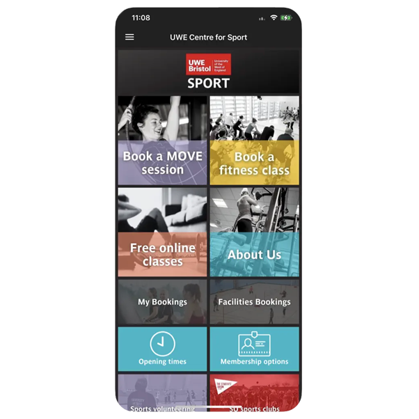 Screenshot of the UWE Bristol Sport APP Home Screen
