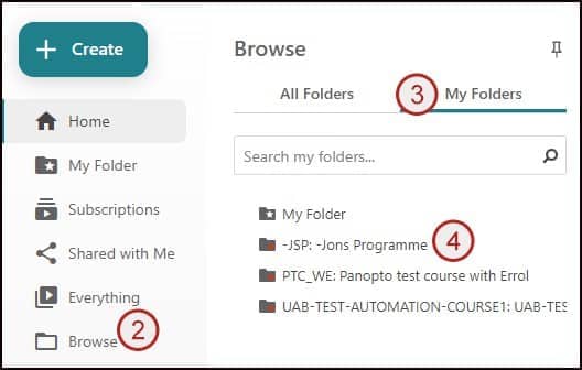 Screenshot of steps 2, 3 and 4: browse, my folders and select folder.