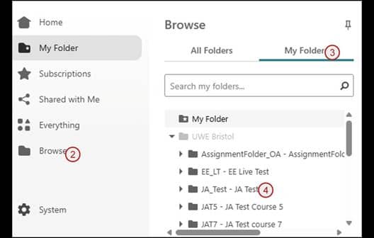 Screenshot of steps 2, 3 and 4: browse, my folders and select folder.