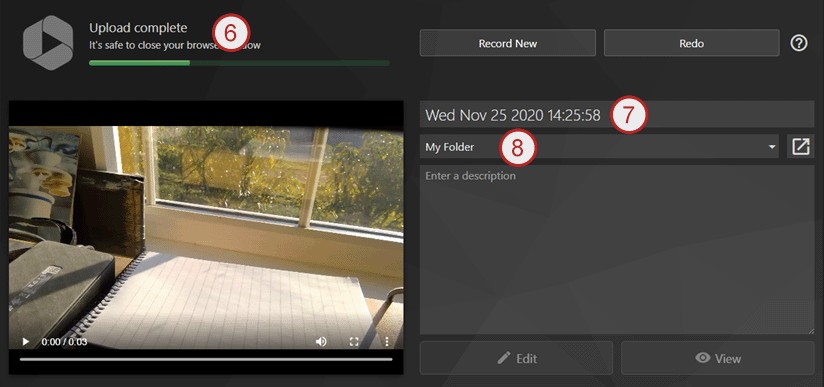 Screenshot: steps 6, 7, 8 upload recording.