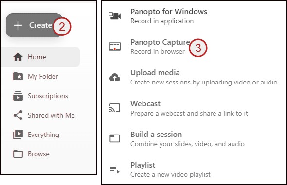 Screenshot showing steps 2 and 3: create button and panopto capture option.
