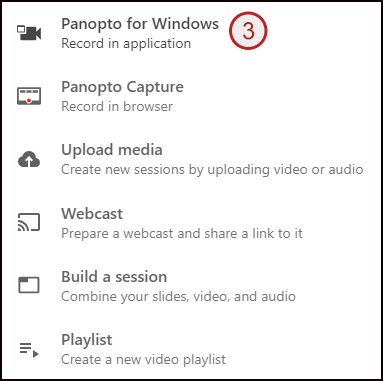 Screenshot showing step 3: Panopto for Windows