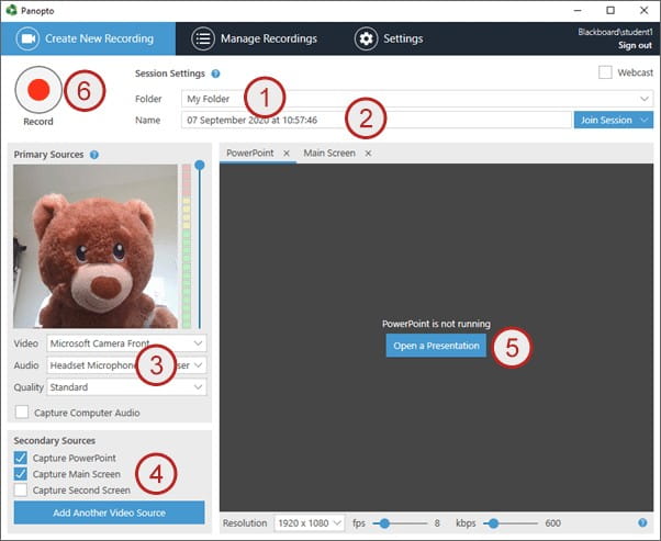 Screenshot showing Panopto desktop recorder steps 1 to 6.