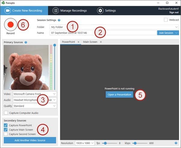 Screenshot showing Panopto desktop recorder steps 1 to 6.