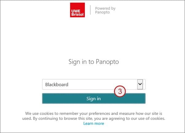 Screenshot showing step 3: sign in to Panopto. Keep Blackboard in drop-down menu.