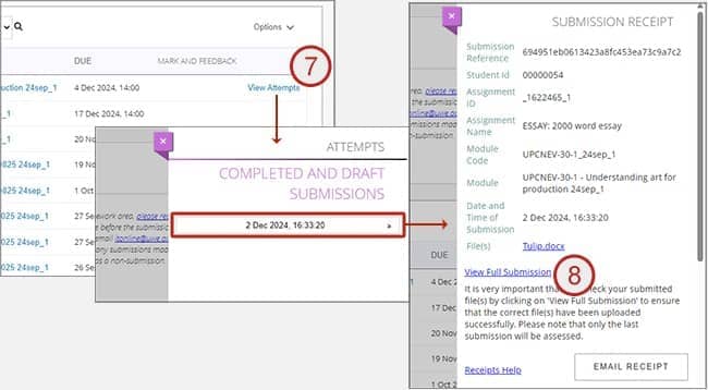 Screenshot showing steps 7 and 8: coursework area.