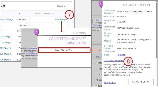 Screenshot showing steps 7 and 8: coursework area.