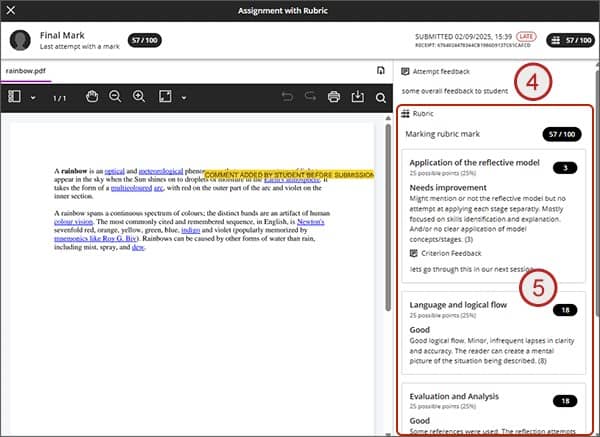 Screenshot showing steps 4 and 5 of Blackboard rubrics.