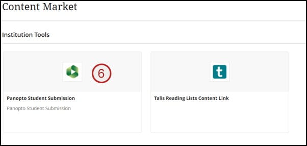 Screenshot of step 6: content market, panopto student submission.