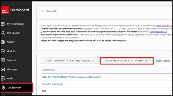 Screenshot highlighting button: show reasonable adjustments.