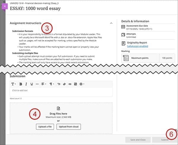 Screenshot indicating the sequence of actions when uploading an assignment.