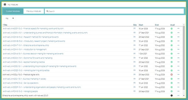 Screenshot showing previous modules in My Modules