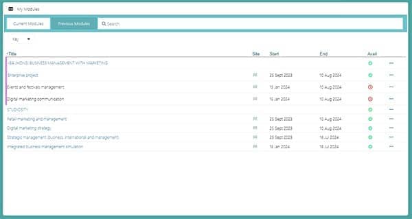 Screenshot showing current modules in My Modules.