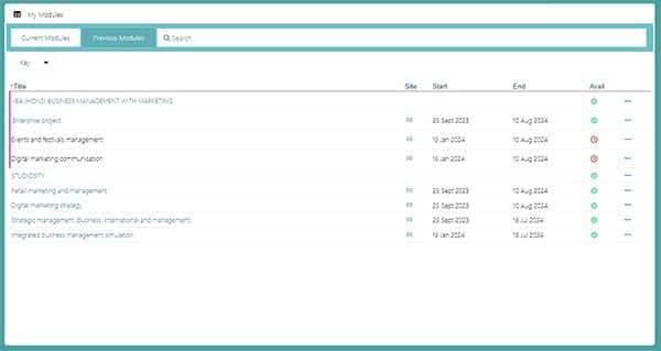 Screenshot showing current modules in My Modules.