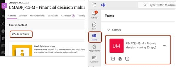 Screenshot of go to teams link in Blackboard and Teams class.
