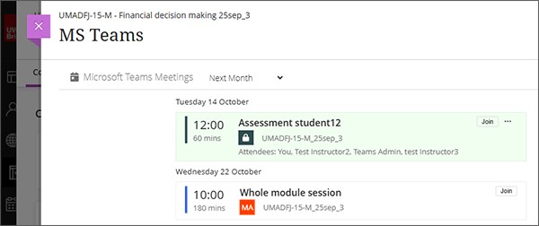 Screenshot showing colour coded Teams meetings. Green means private and white means open.