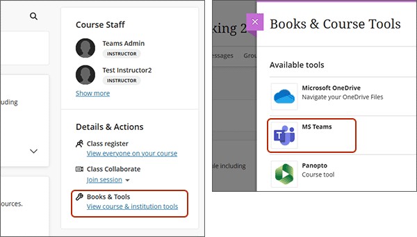 Screenshot highlighting location of books and tools menu and MS Teams option.