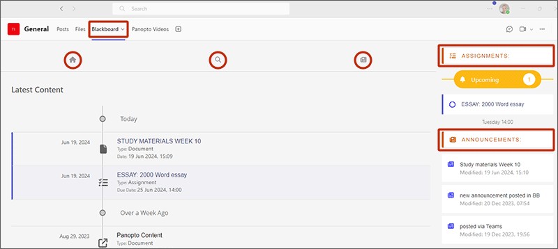 Screenshot highlighting location of Blackboard tab in teams, assignments and announcements.
