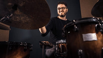 Drum tutor AJ Rousell performing. Drum tutor AJ Rousell performing.