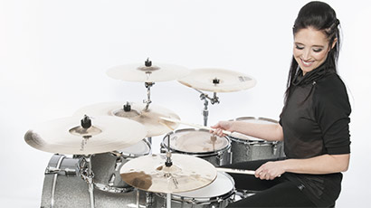 Drum tutor Emmanuelle Caplette performing. Drum tutor Emmanuelle Caplette performing.