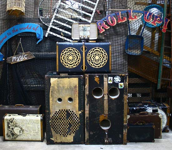 Mike Fergie's suitcase sound system, built into old trunks and suitcases.