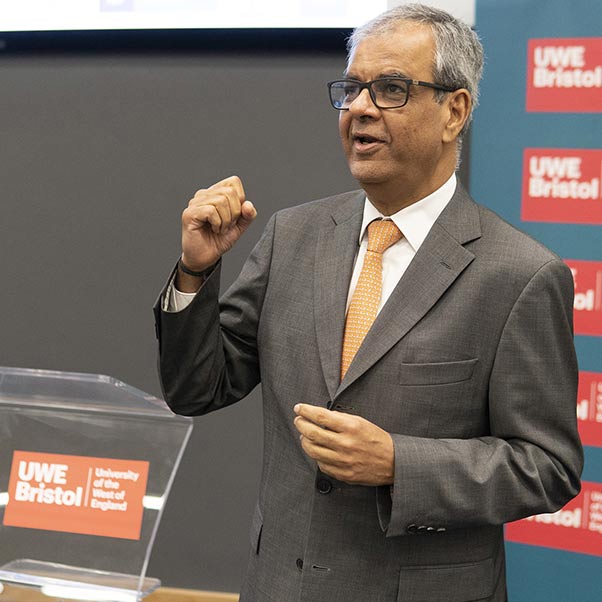 Speaker giving a presentation at the UWE Bristol Bristol Distinguished Address Series (BDAS).