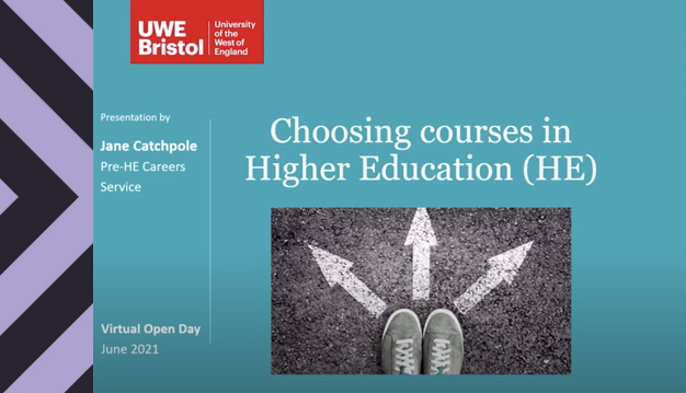 The title slide of the presentation which says 'Choosing courses in Higher Education'