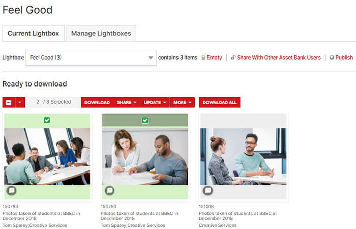 Asset Bank lightbox ticket items screenshot.