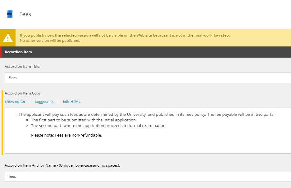 Screenshot of editing an accordion anchor link in Sitecore.