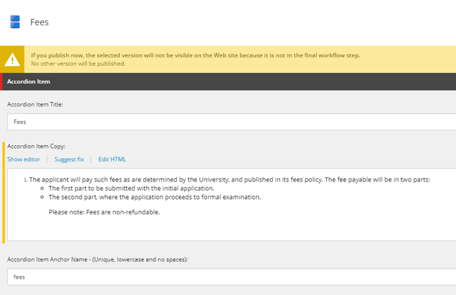 Screenshot of editing an accordion anchor link in Sitecore.
