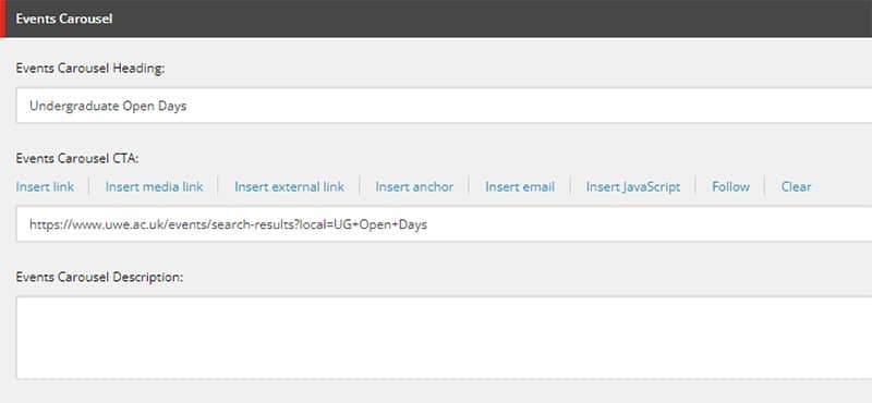 Screenshot in Sitecore showing how to fill in the Events Carousel CTA field.