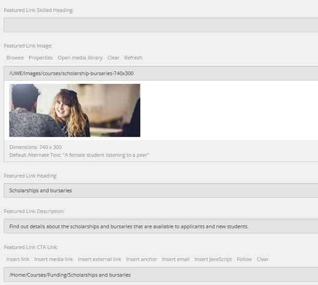 Featured link fields within the Content Editor