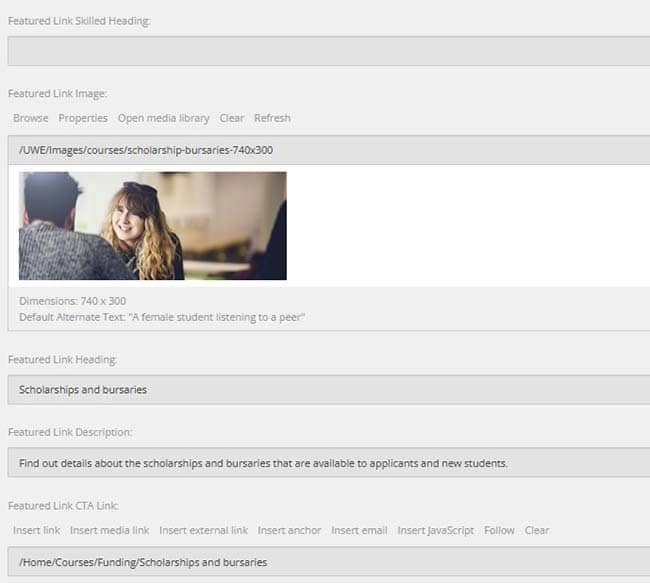 Featured link fields within the Content Editor