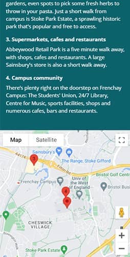 Example of a location map component viewed on mobile.