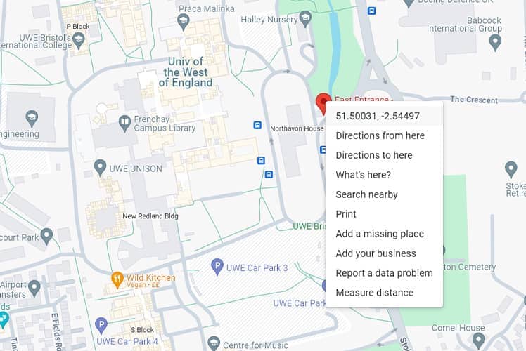Screenshot of Google Maps right-clicking a location pin to find longitude and latitude information.