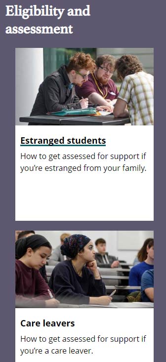 Eligibility and assessment manual block of cards mobile view