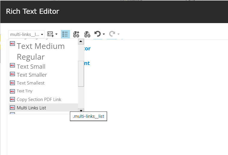 Guidance screenshot showing how to select 'multi link list' class in the rich text editor.